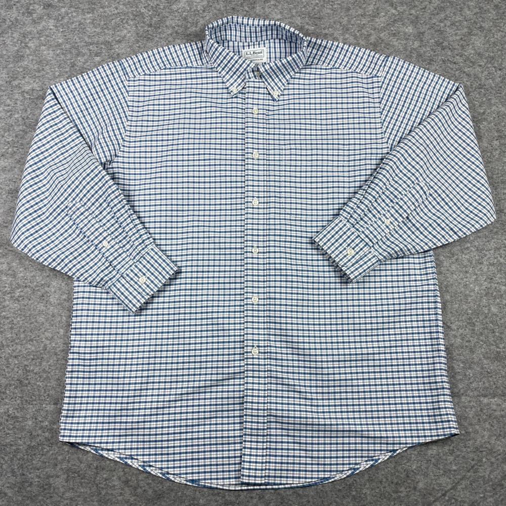 LL Bean Button Down Shirt Mens 16.5-32 Blue White Tattersall Traditional Fit